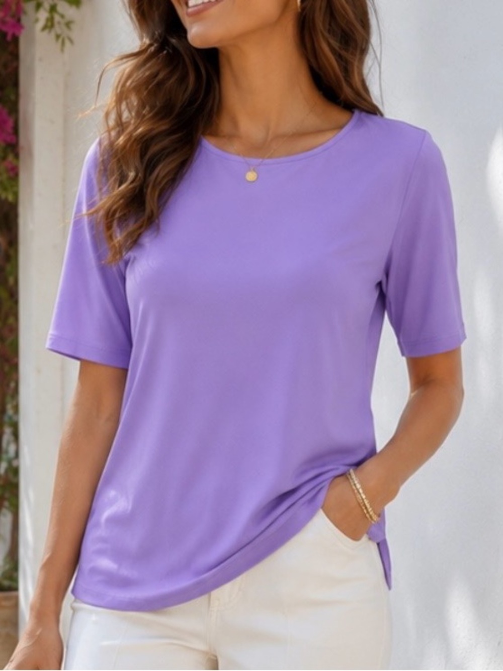 Susan Graver Lavender Short Sleeve Crewneck Top